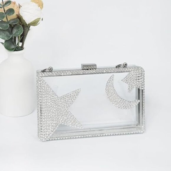 Neiman Marcus Silver Acrylic Moon and Star Rhinestone Chain Bag - Picture 4 of 5